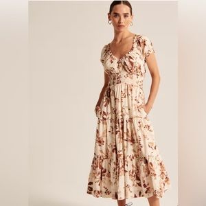 Abercrombie Cap Sleeve Smocked Waist Midi Dress - Brown Pattern